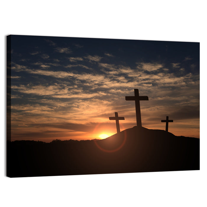 Three Crosses at Golden Sunset Wall Art as a canvas print