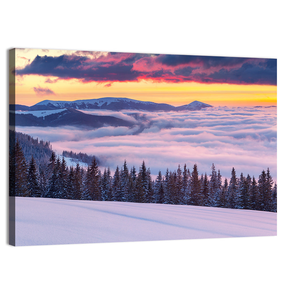Morning fog in the winter mountains Wall Art