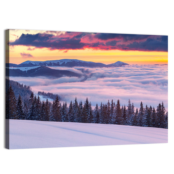 Morning Fog Over Winter Peaks Wall Art as a canvas print