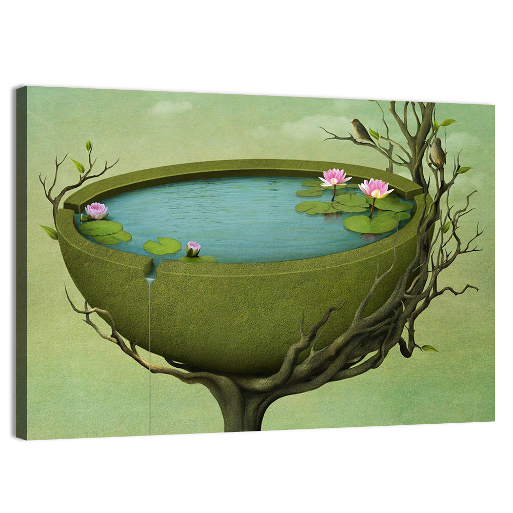 Surreal Tree Basin with Water Lilies Wall Art