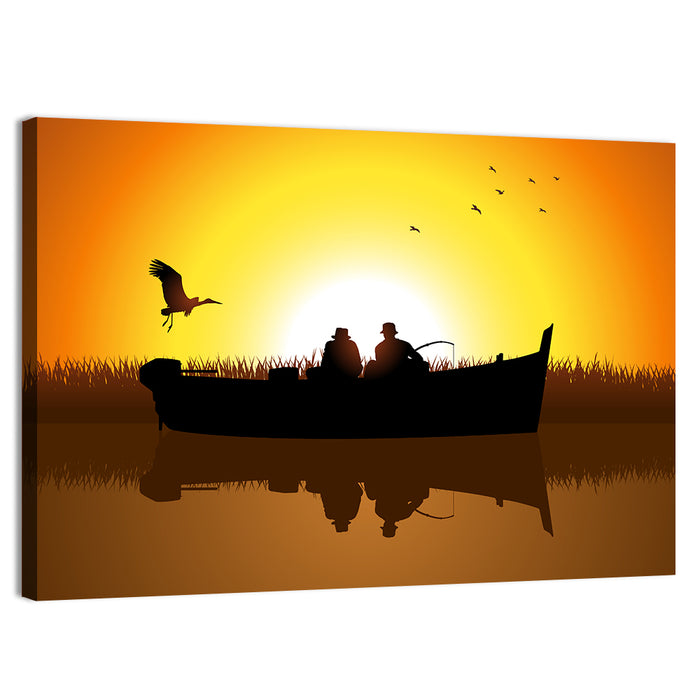 Sunset Fishing Silhouette Wall Art as a canvas print