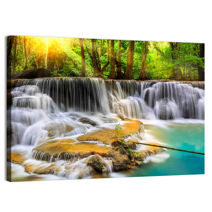 Sunlit Erawan Waterfall, Kanchanaburi Wall Art as a canvas print