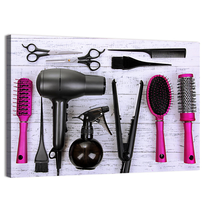 Hair Styling Tools Flat Lay Wall Art as a canvas print