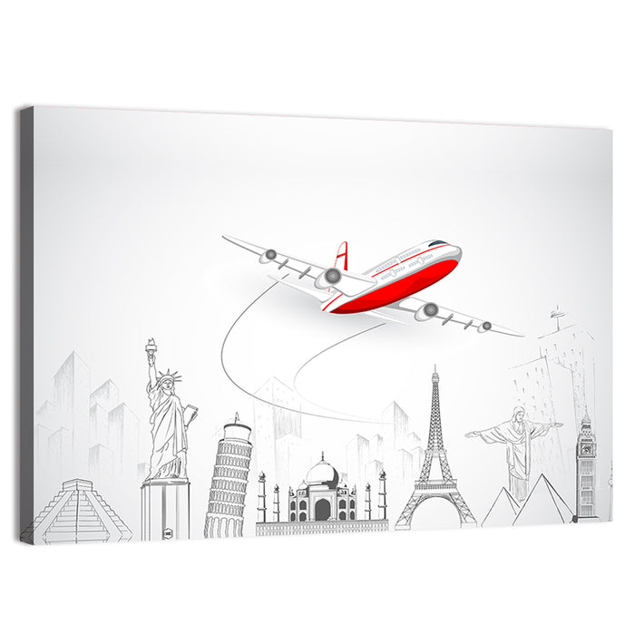 Airplane Over World Landmarks Wall Art as a canvas print