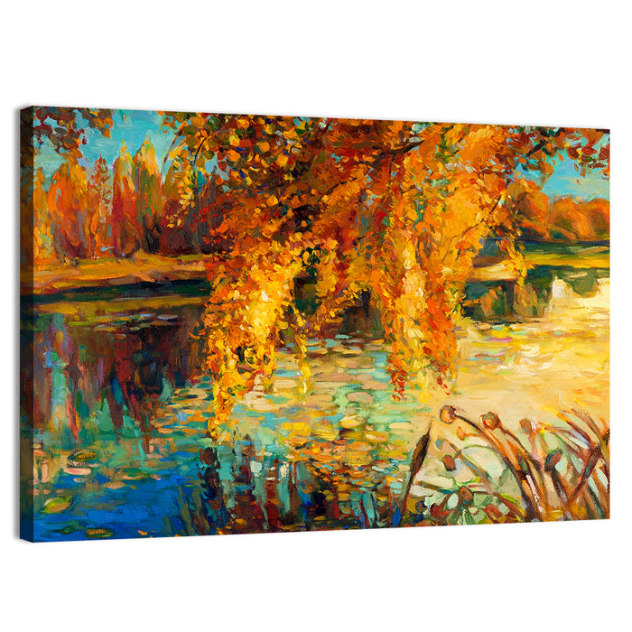 Autumn Lake with Weeping Willow Wall Art as a canvas print