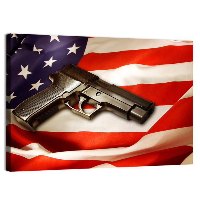 Pistol on Folded American Flag Wall Art as a canvas print