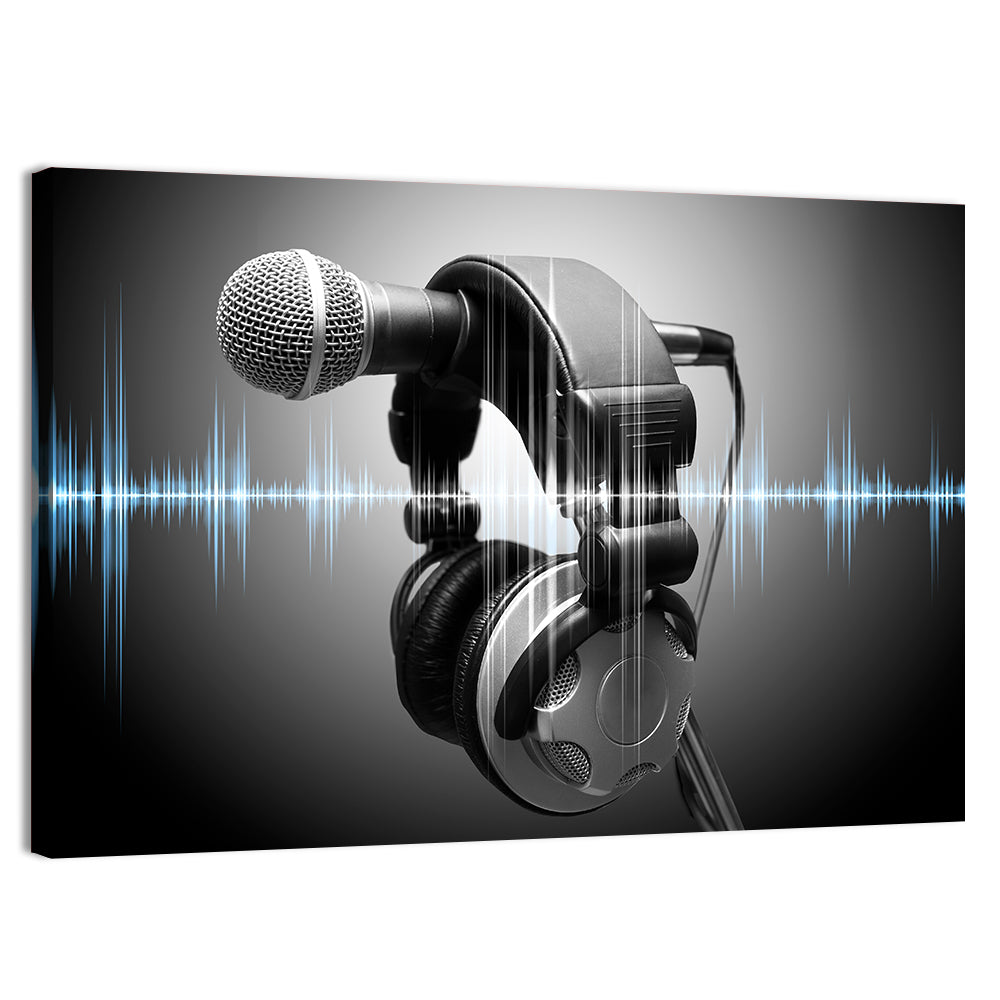 Headphones on Microphone with Sound Waves Wall Art, canvas print, landscape