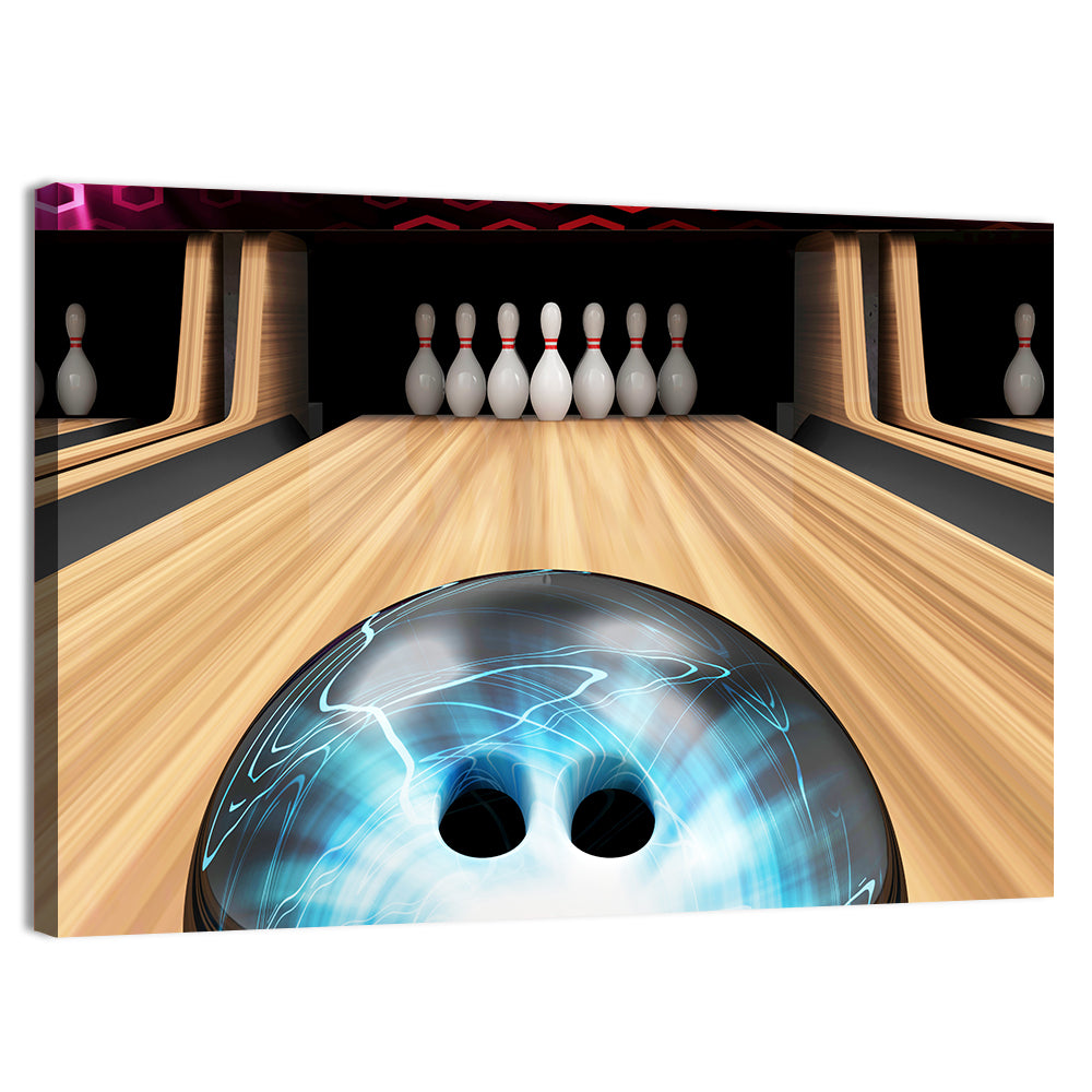Glowing Blue Bowling Ball on Wooden Lane Wall Art