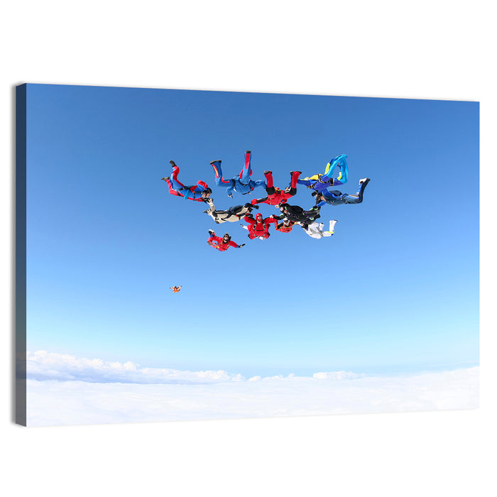Skydiving Formation Over Clouds Wall Art as a canvas print