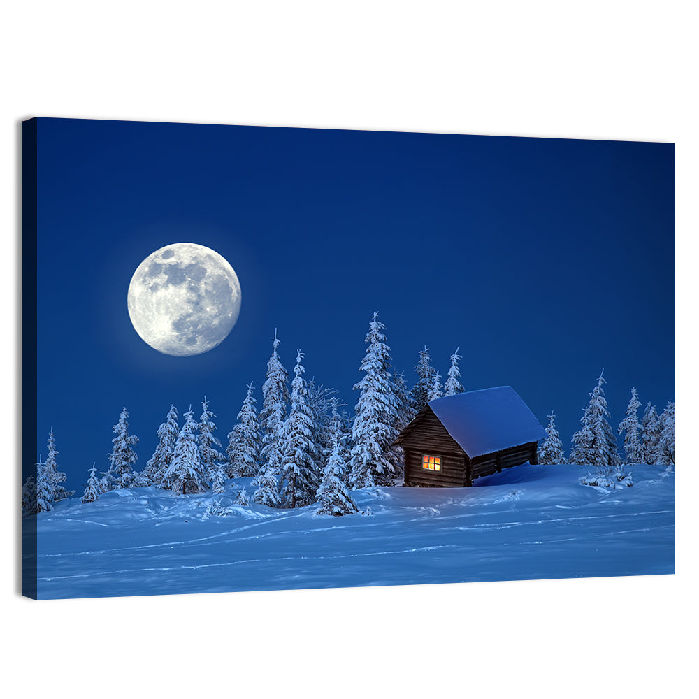 Moonlit Winter Cabin in Forest Wall Art, canvas print, landscape