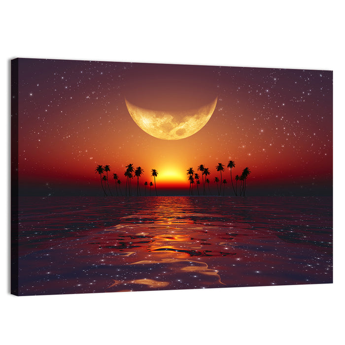 Golden Crescent Over Tropical Sunset Wall Art as a canvas print