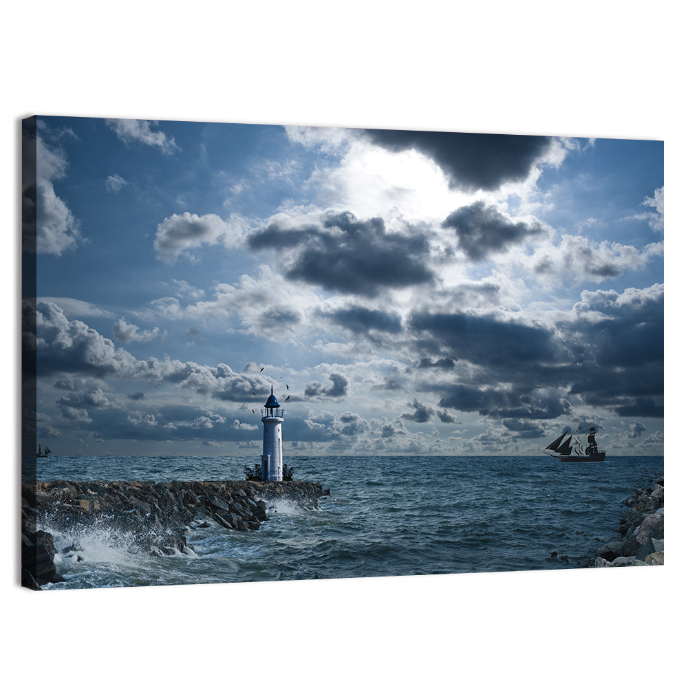 Lighthouse Under Storm Wall Art, canvas print, landscape