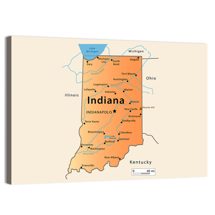 Indiana State Map Wall Art as a canvas print