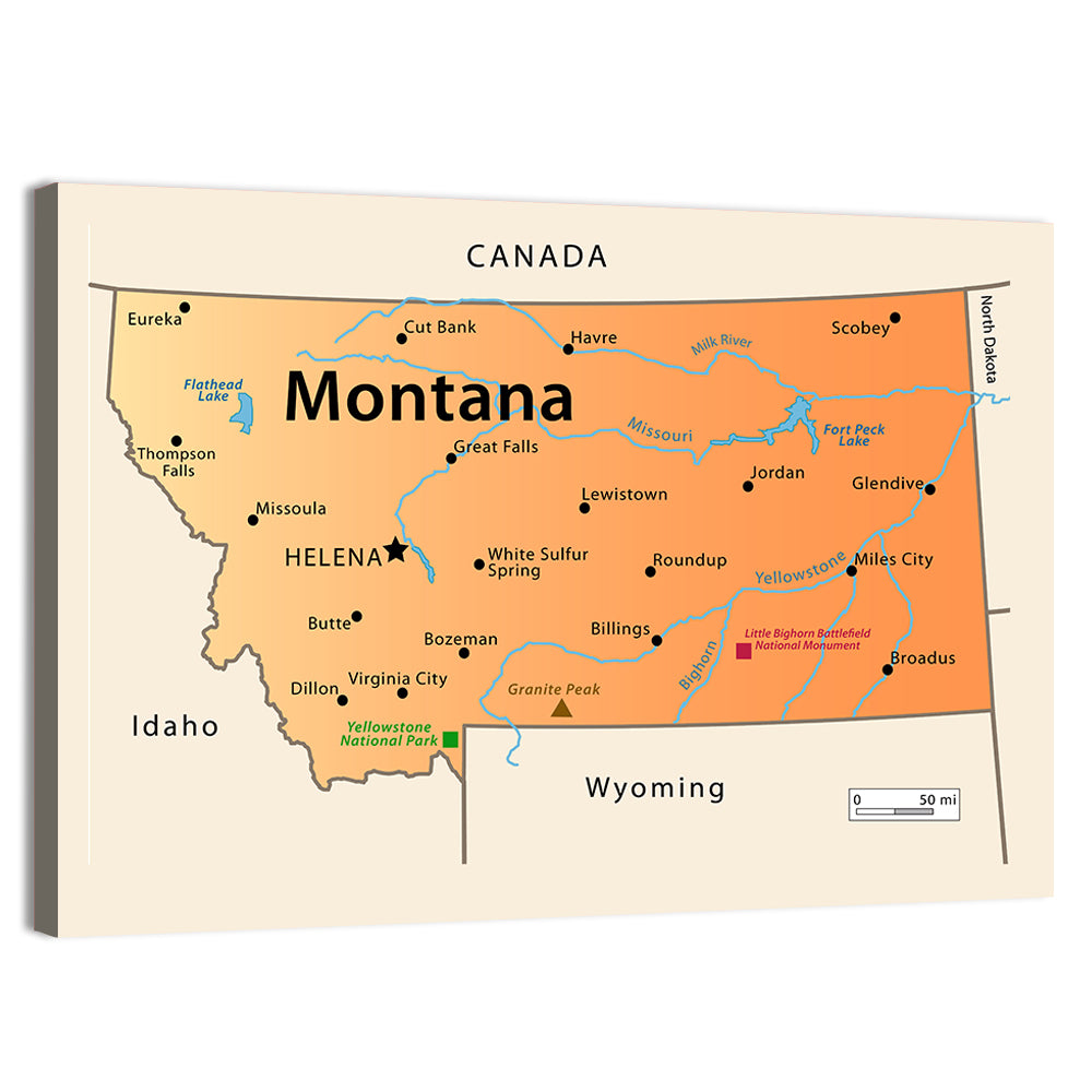 Montana State Map Wall Art, canvas print, landscape
