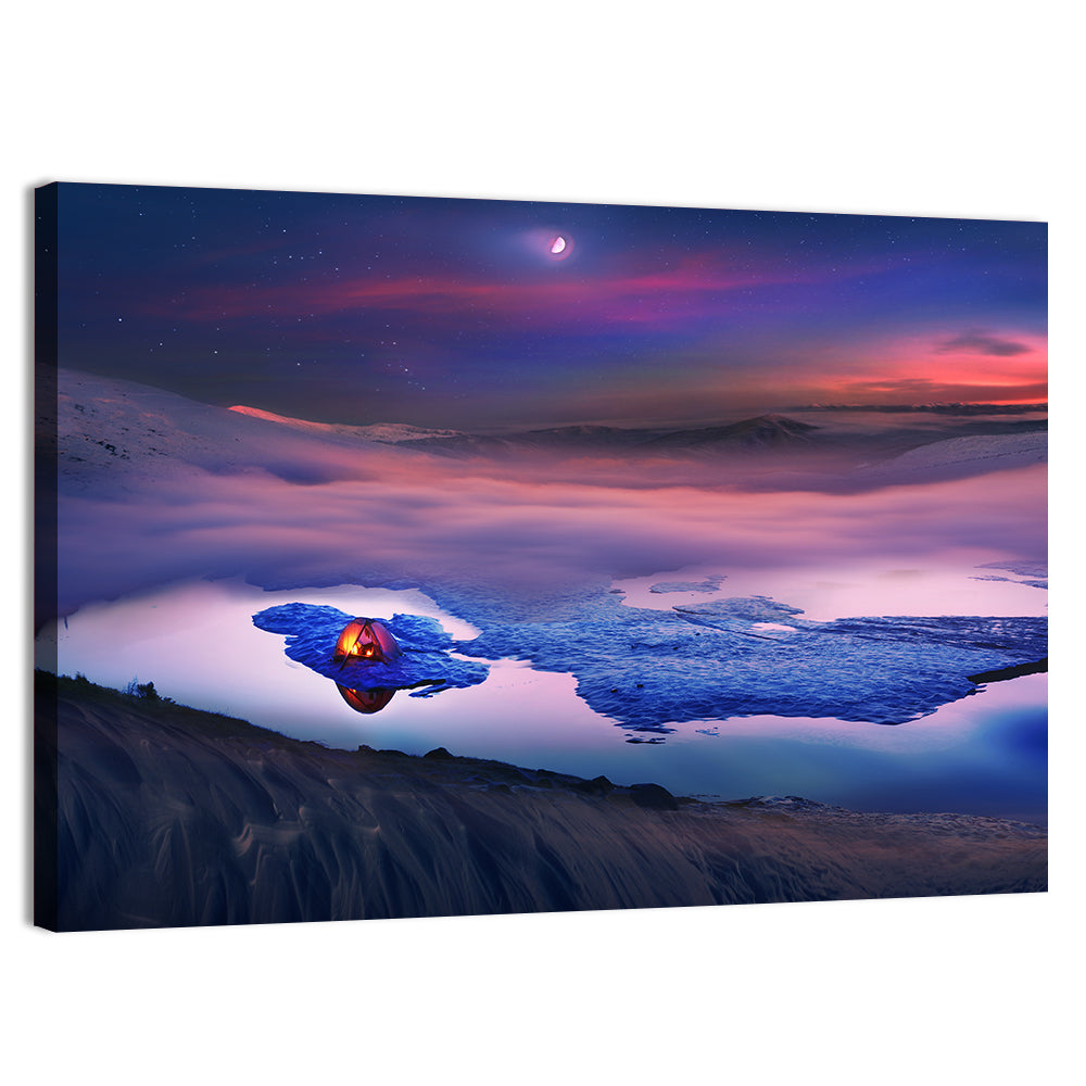 Glowing Tent on Frozen Mountain Lake Wall Art