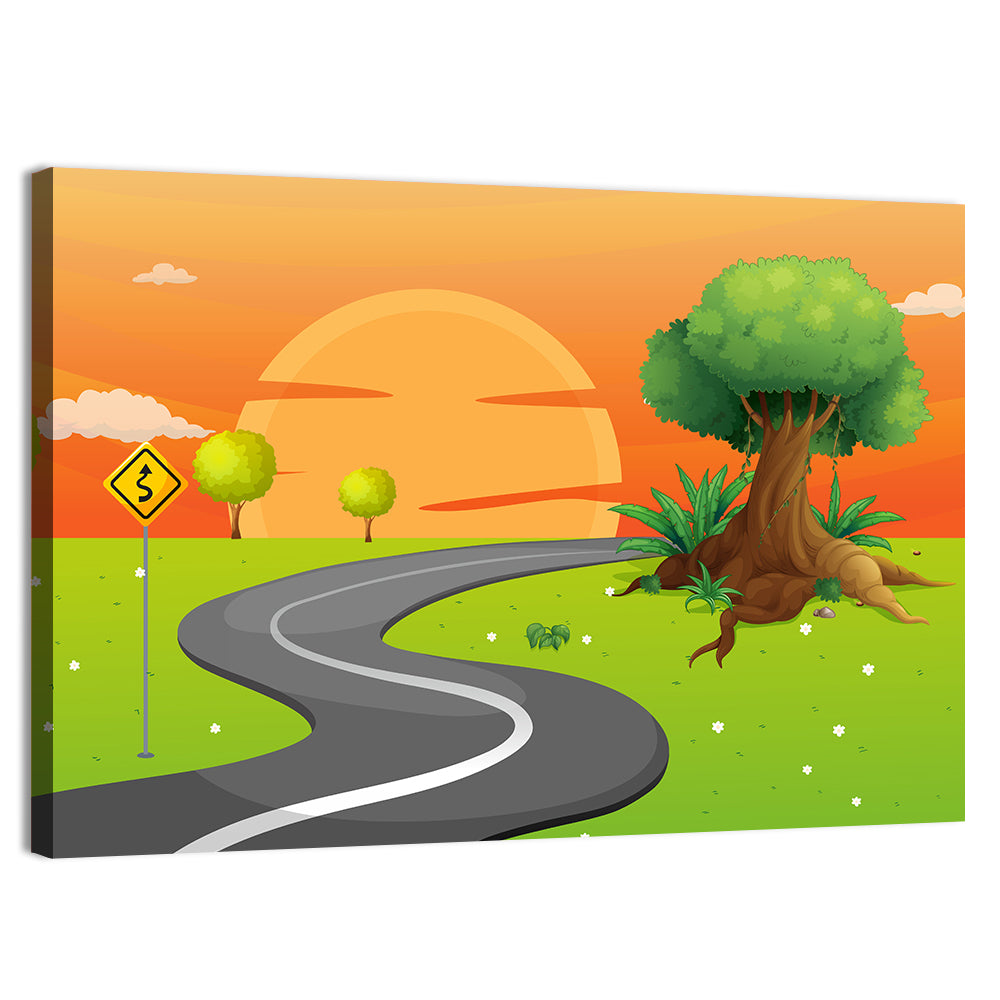Winding Road Sunset Illustration Wall Art, canvas print, landscape