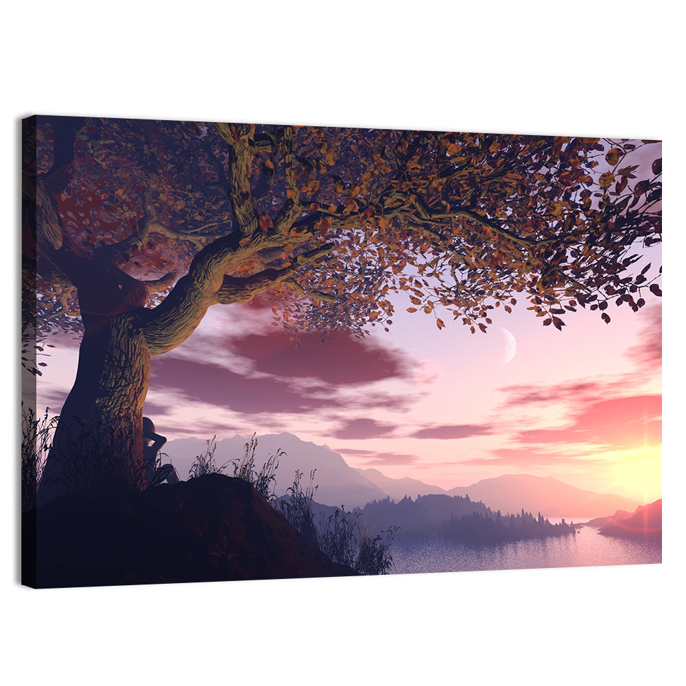 Dreamer Tree by Sunset Lake Wall Art, canvas print, landscape