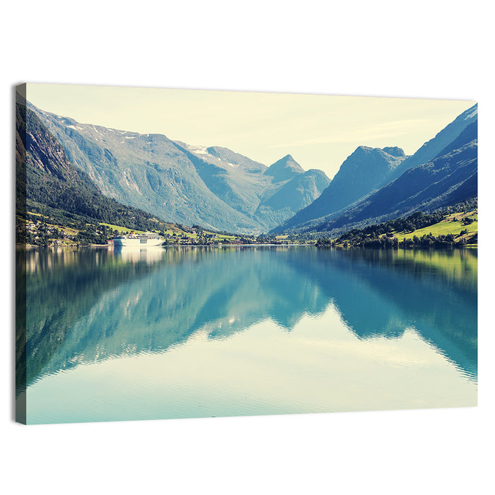 Scandinavian Mountain Lake Harbor Wall Art as a canvas print