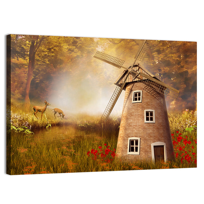 Autumn Windmill in Forest Clearing Wall Art as a canvas print