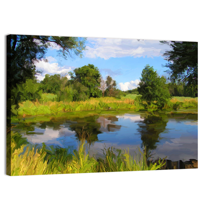 Blue Lake Reflection Illustration Wall Art as a canvas print