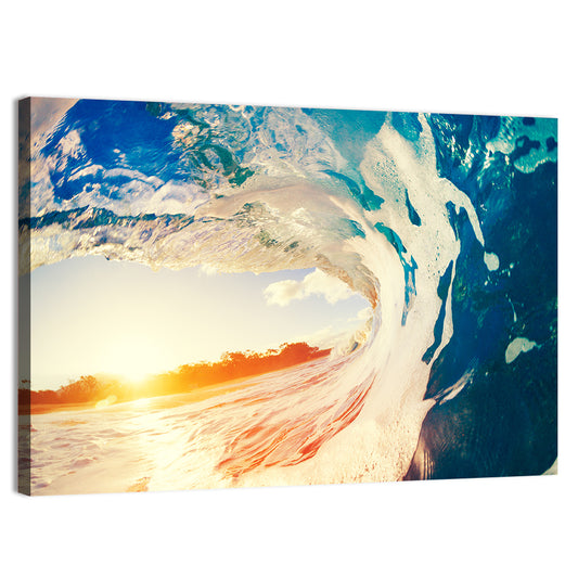 Blue Ocean Wave Crashing At Sunset Wall Art