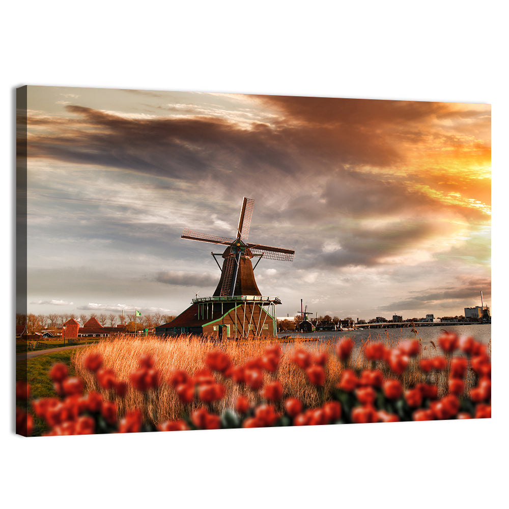 Dutch Windmill with Red Tulips Wall Art, canvas print, landscape