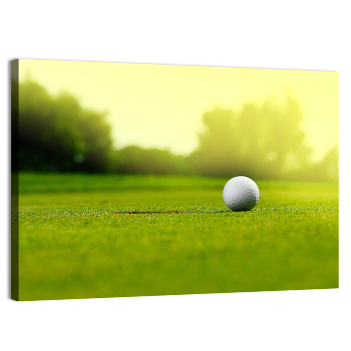 Dimpled Golf Ball on Putting Green Wall Art as a canvas print