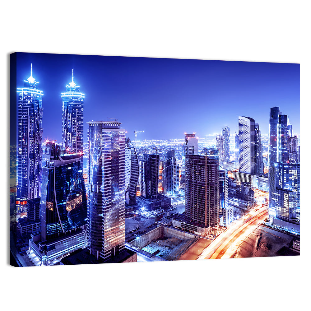 Downtown Dubai Night Skyline Wall Art, canvas print, landscape