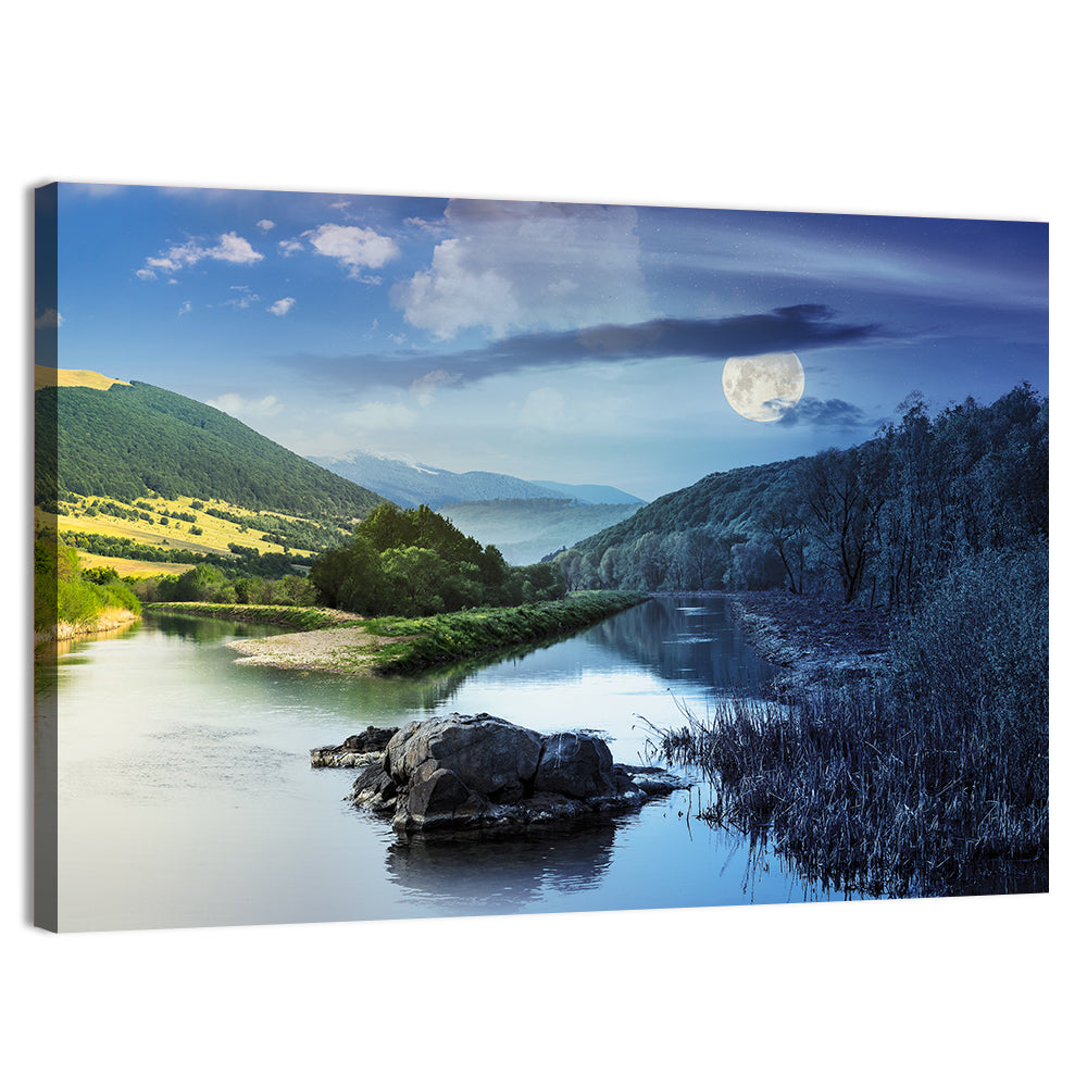 Moonlit Mountain River Wall Art, canvas print, landscape