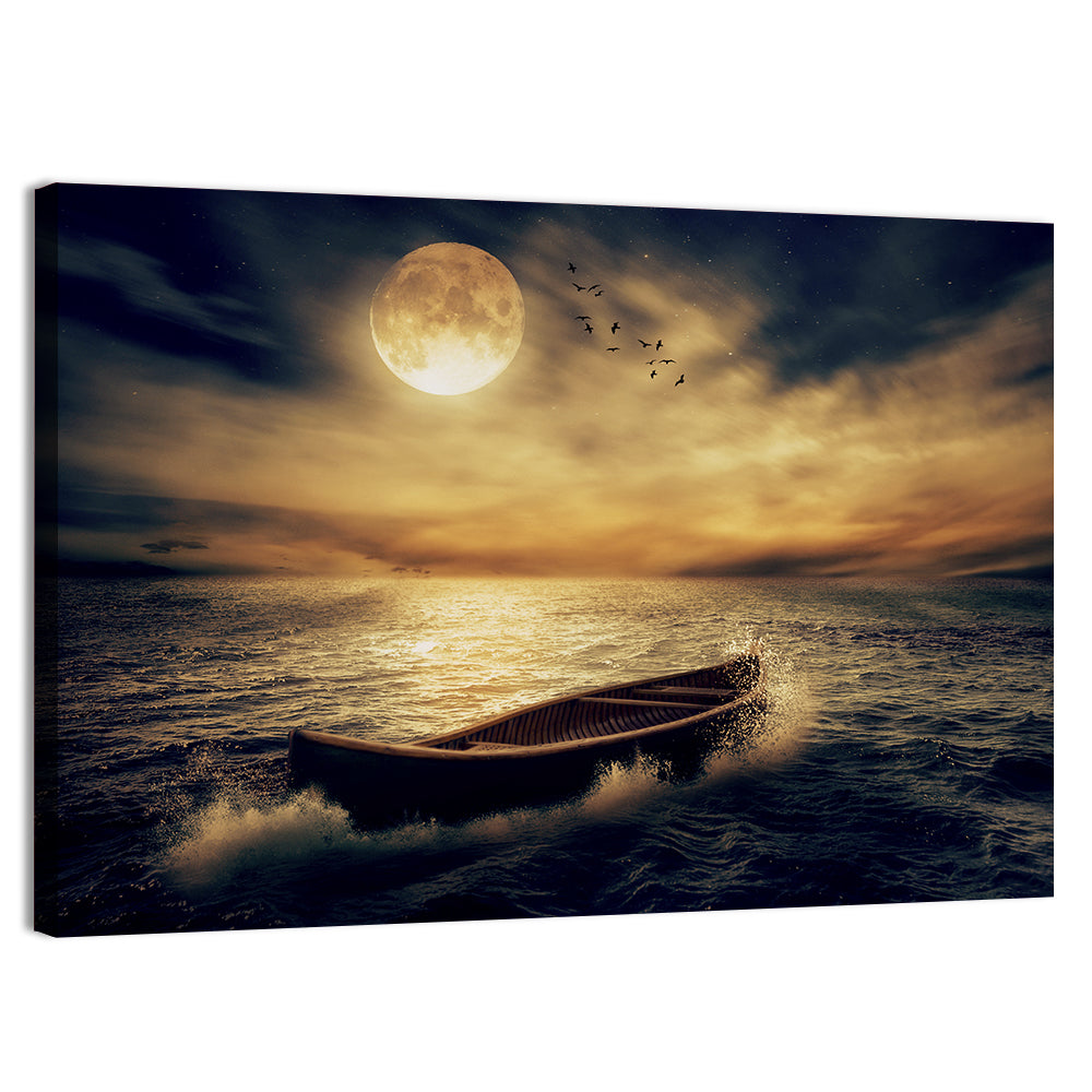 Moonlit Boat in Stormy Ocean Wall Art
