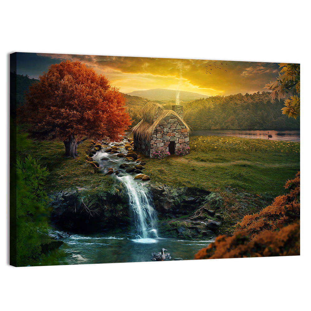 Thatched Cottage by Mountain Stream Wall Art
