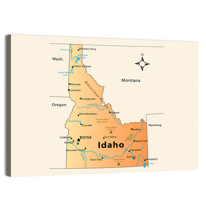 Idaho Cartographic Map Wall Art as a canvas print