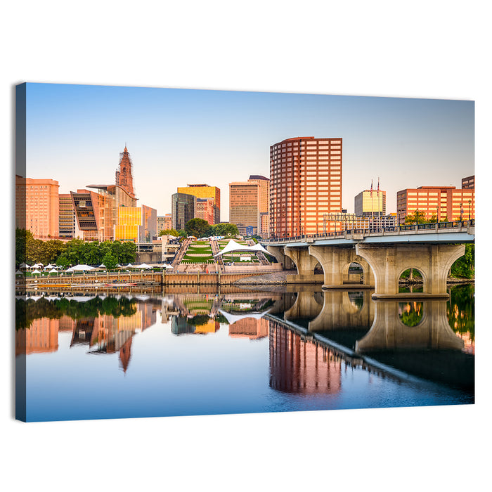 Hartford Skyline with River Reflection Wall Art as a canvas print