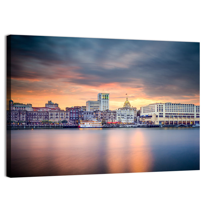 Savannah Riverfront Sunset Skyline Wall Art as a canvas print