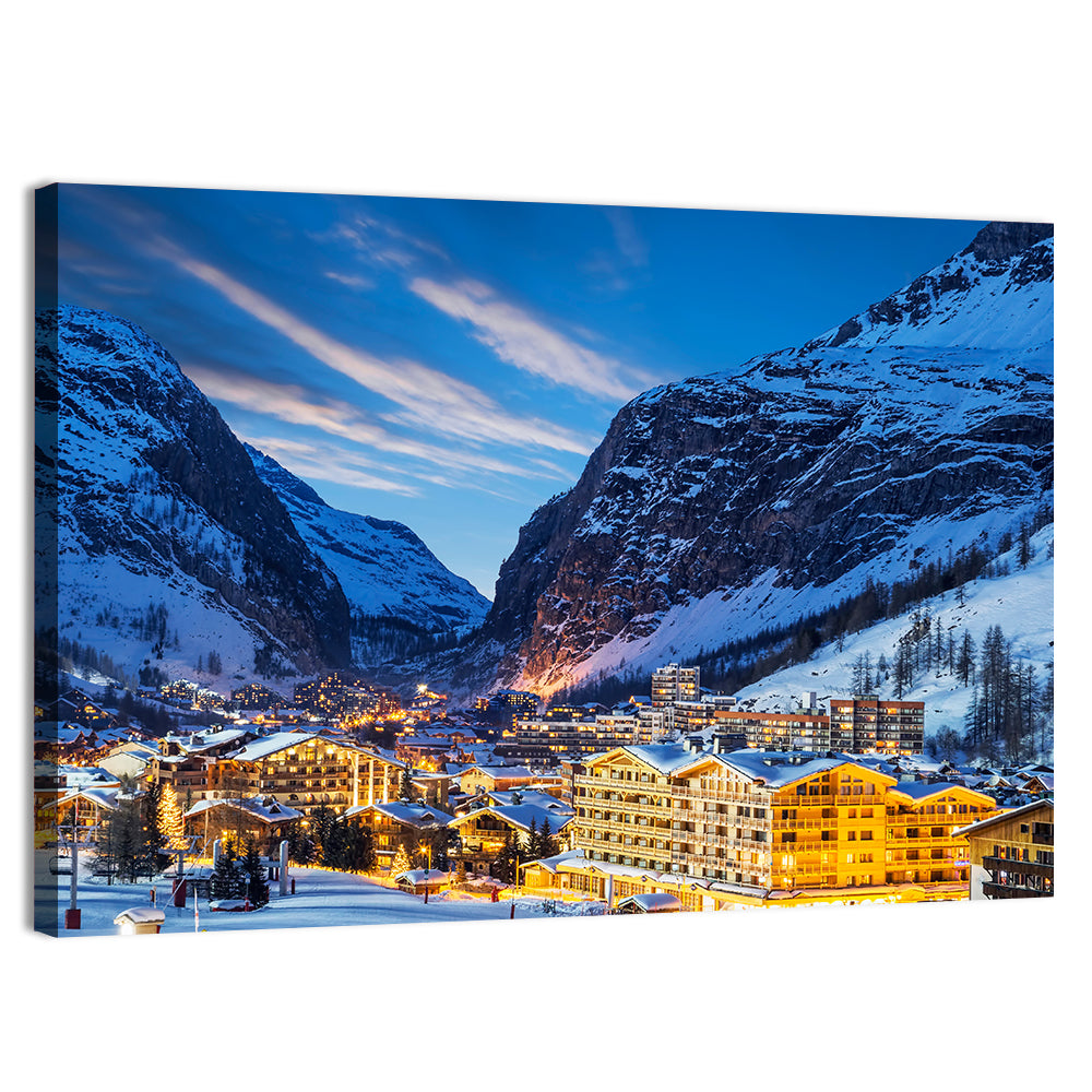 Twilight Ski Village in the French Alps Wall Art, canvas print, landscape