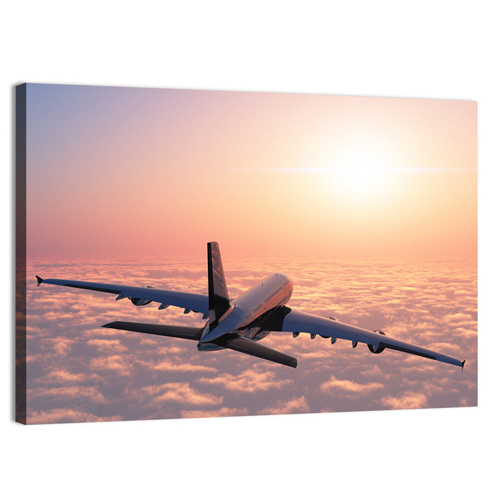 Passenger Plane Above Golden Clouds Wall Art as a canvas print