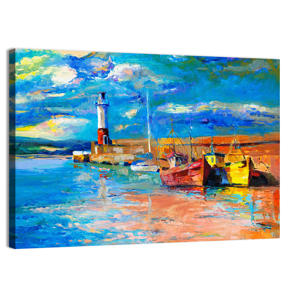 Lighthouse Harbor Sunset Wall Art, canvas print, landscape