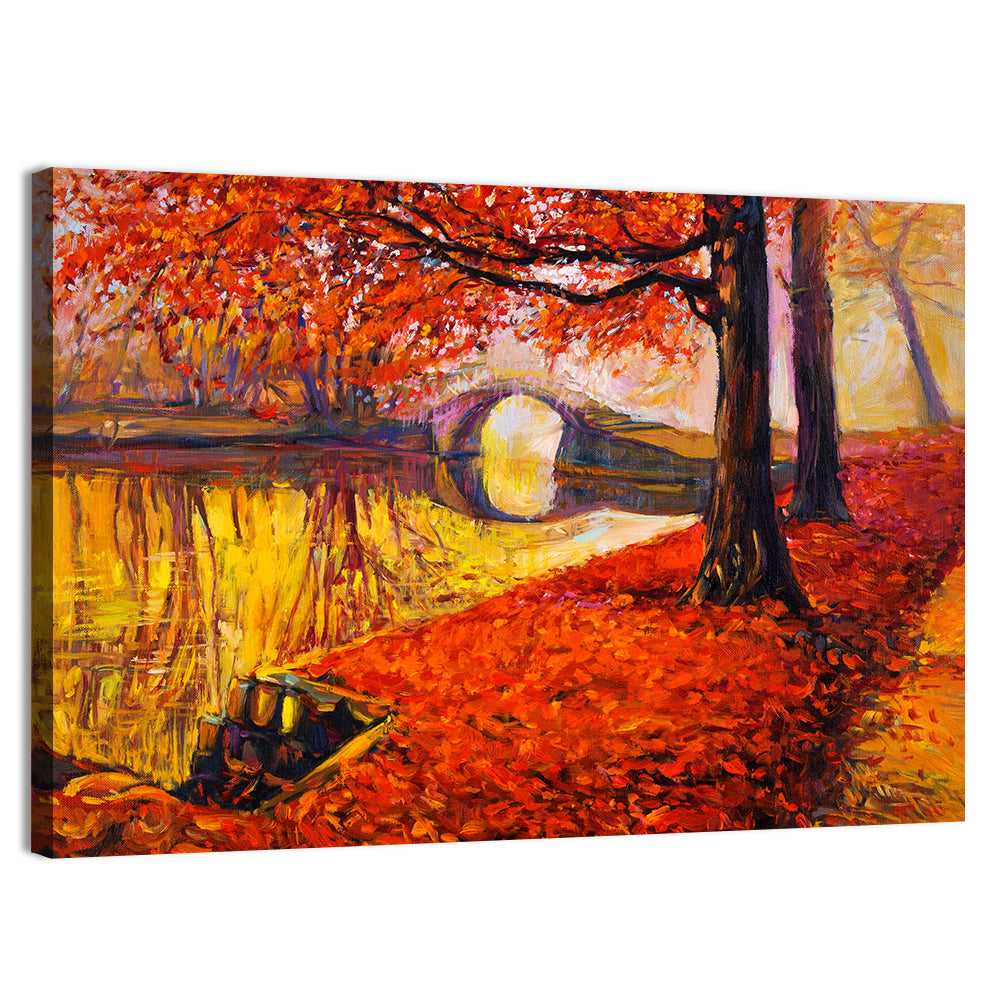 Autumn Bridge Over Golden Lake Wall Art, canvas print, landscape