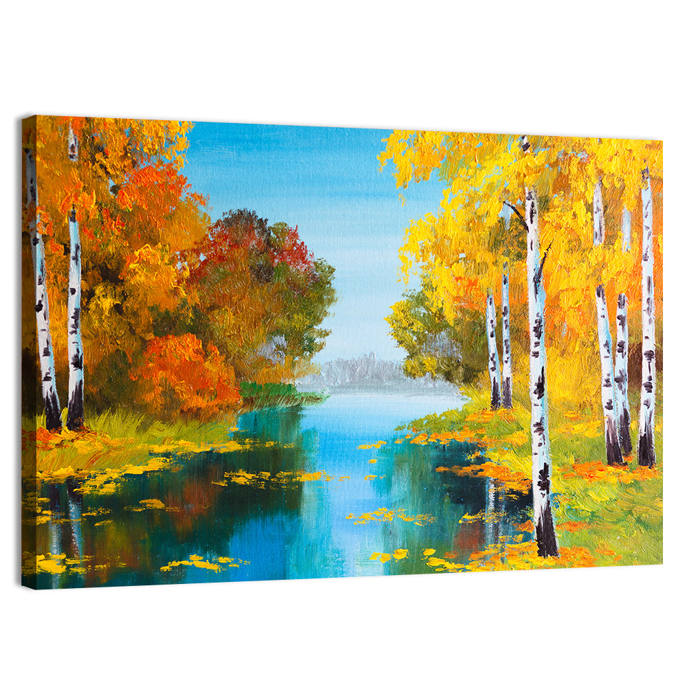 Autumn Birch River Reflection Wall Art, canvas print, landscape