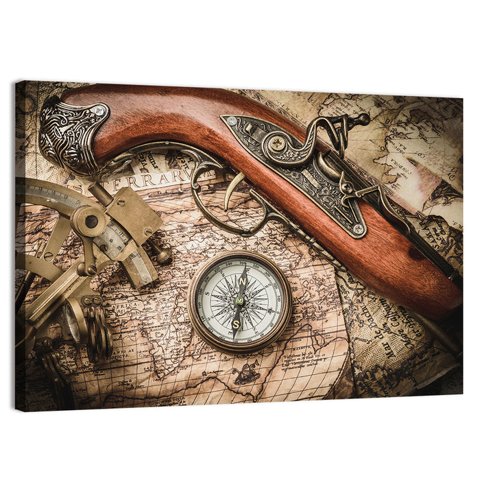 Antique Nautical Instruments with Flintlock Wall Art as a canvas print