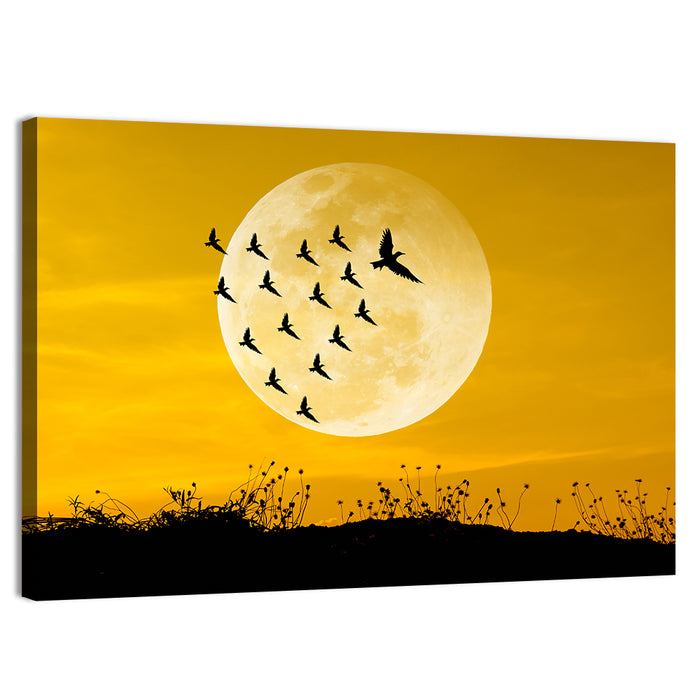 Moonlit Birds Over Wildflowers Wall Art as a canvas print