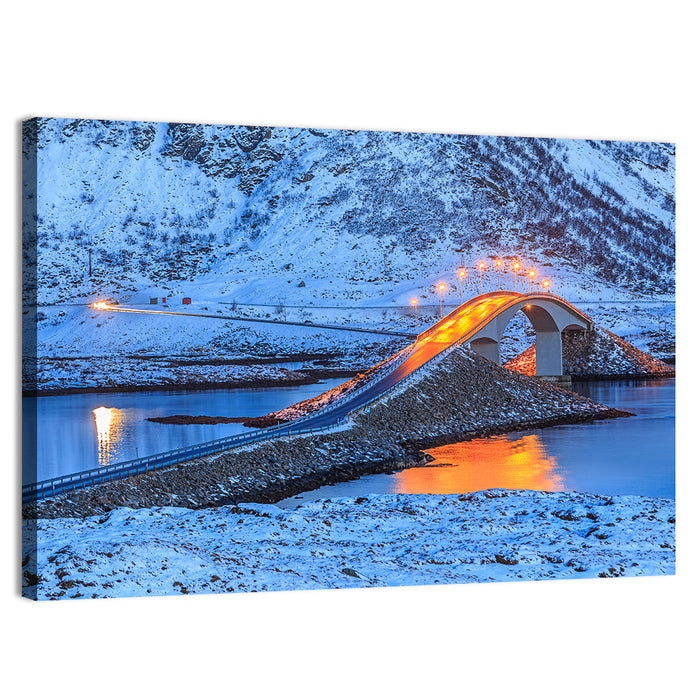 Fredvang Bridges at Twilight Wall Art as a canvas print