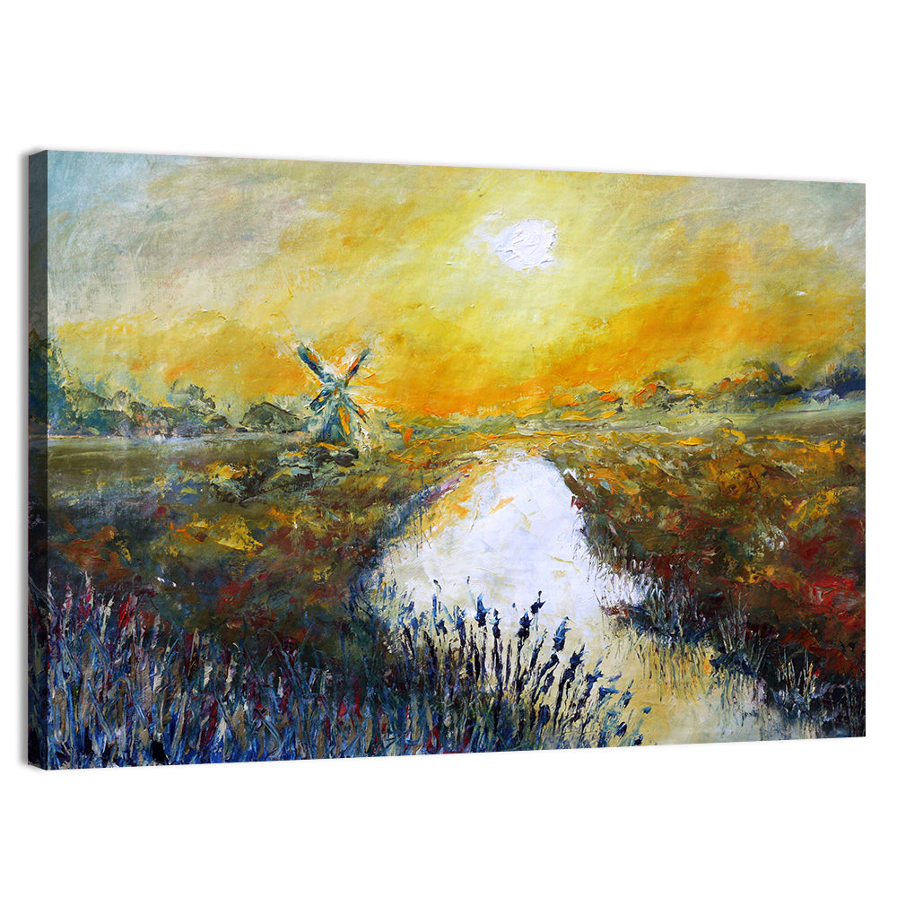 Windmill at Sunrise Over River Wall Art, canvas print, landscape