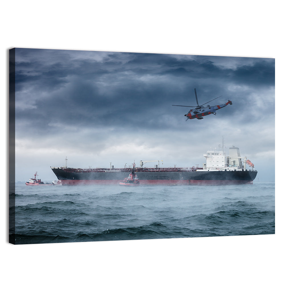 Rescue Helicopter Over Cargo Ship Wall Art, canvas print, landscape