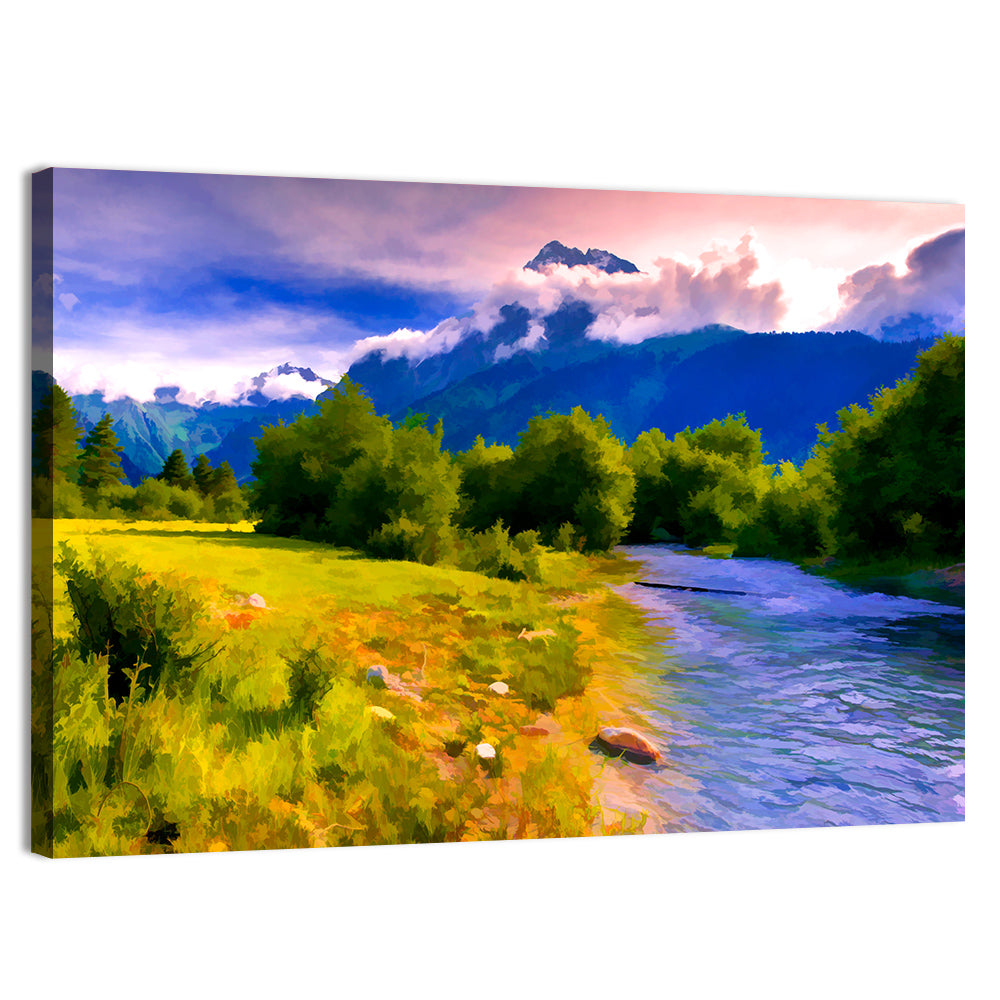 Mountain River Through Meadow Wall Art, canvas print, landscape