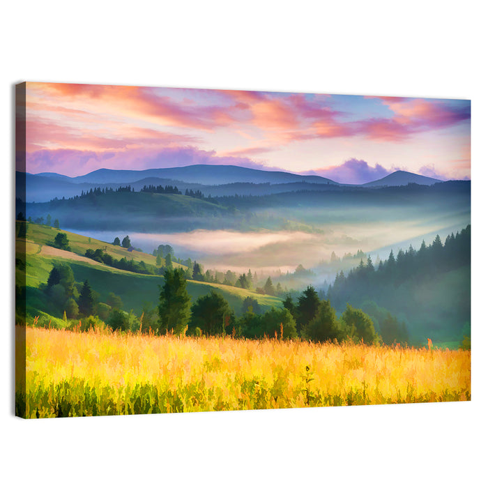 Sunrise Mist Over Mountain Meadow Wall Art as a canvas print