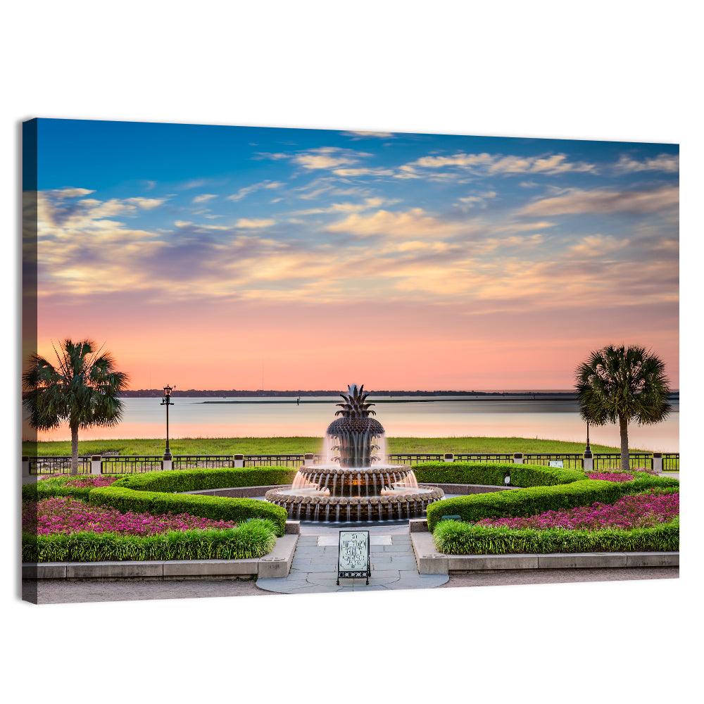 Charleston Pineapple Fountain at Sunset Wall Art