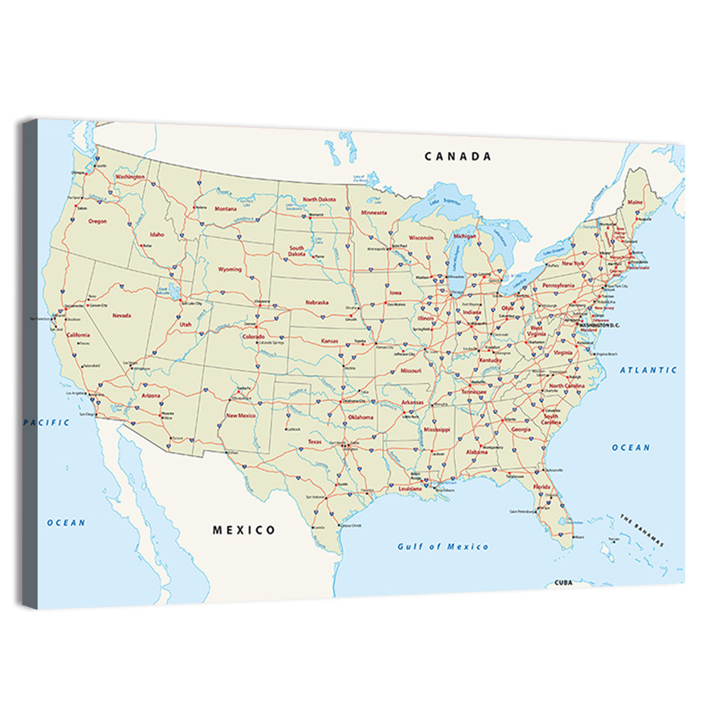 United States Interstate Map Wall Art, canvas print, landscape