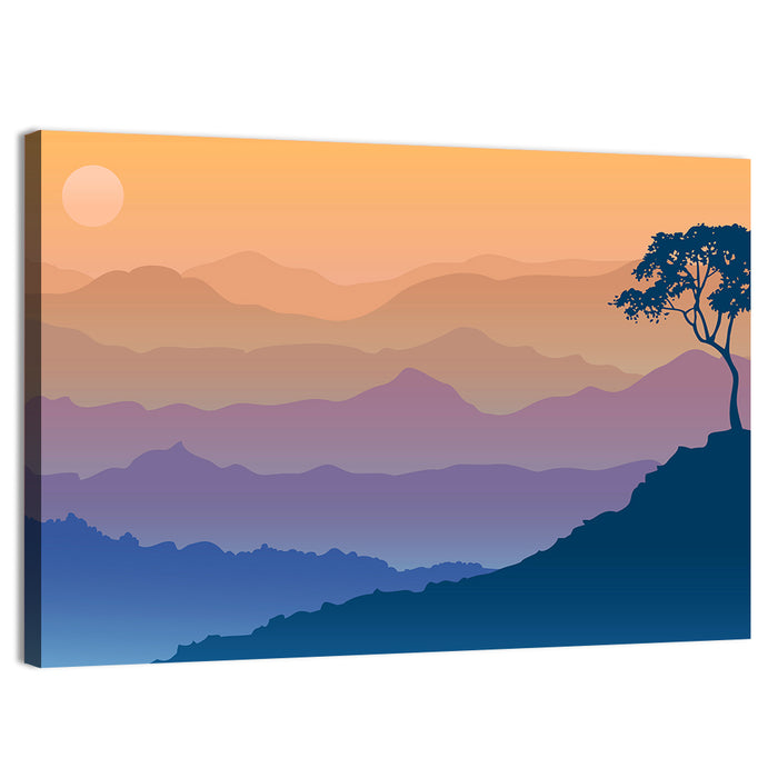 Layered Mountain Sunrise with Tree Silhouette Wall Art as a canvas print