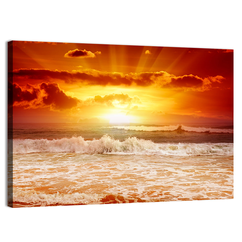Golden Sunset Over Ocean Waves Wall Art, canvas print, landscape